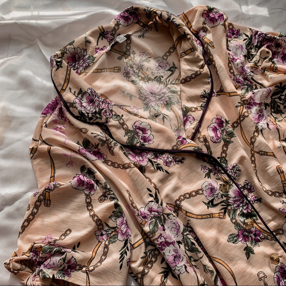 Vintage Purple Floral Short Sleeve PJ Blouse SZ XL